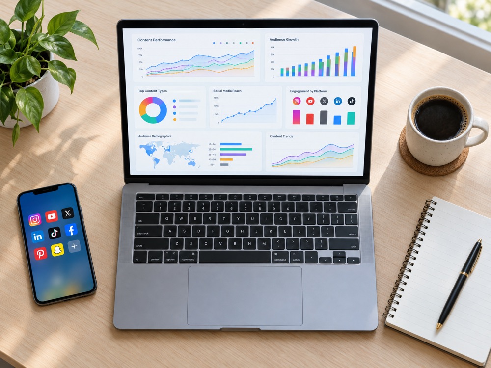 Desk with laptop showing content marketing analytics