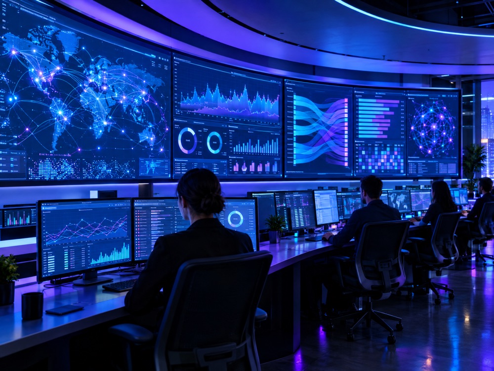 Digital advertising control room with data dashboards