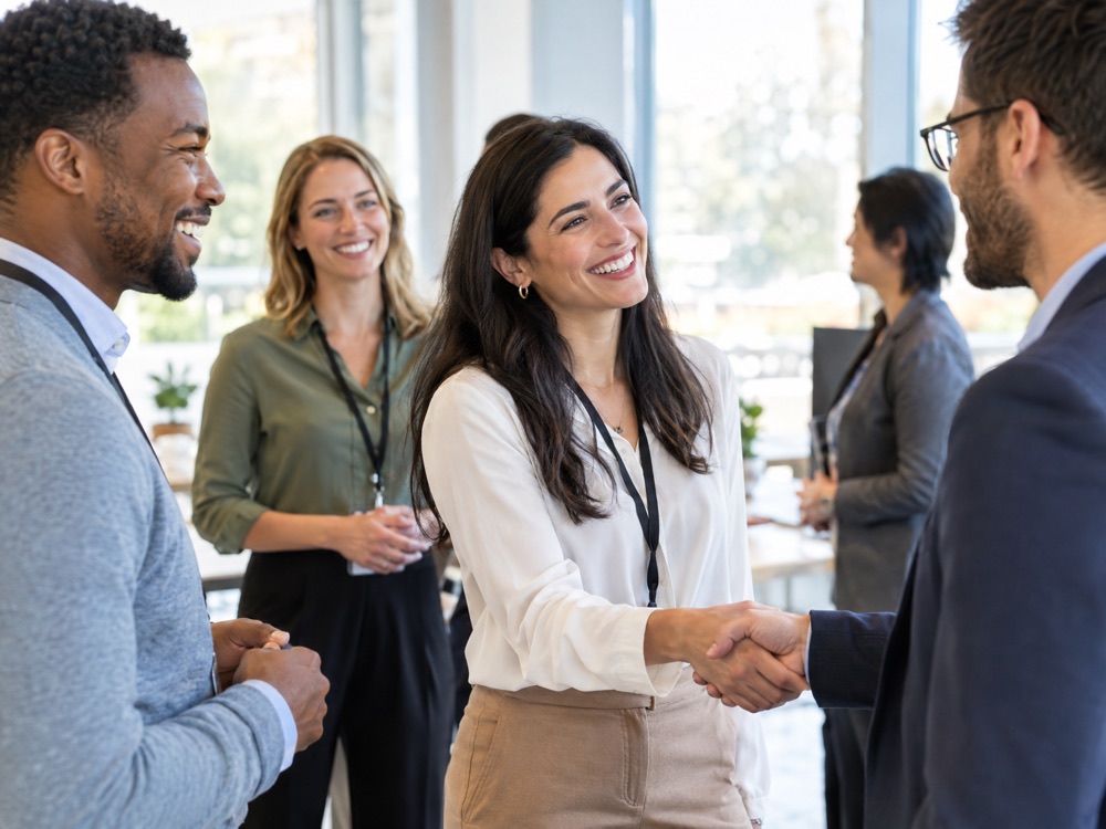 Professionals shaking hands and networking