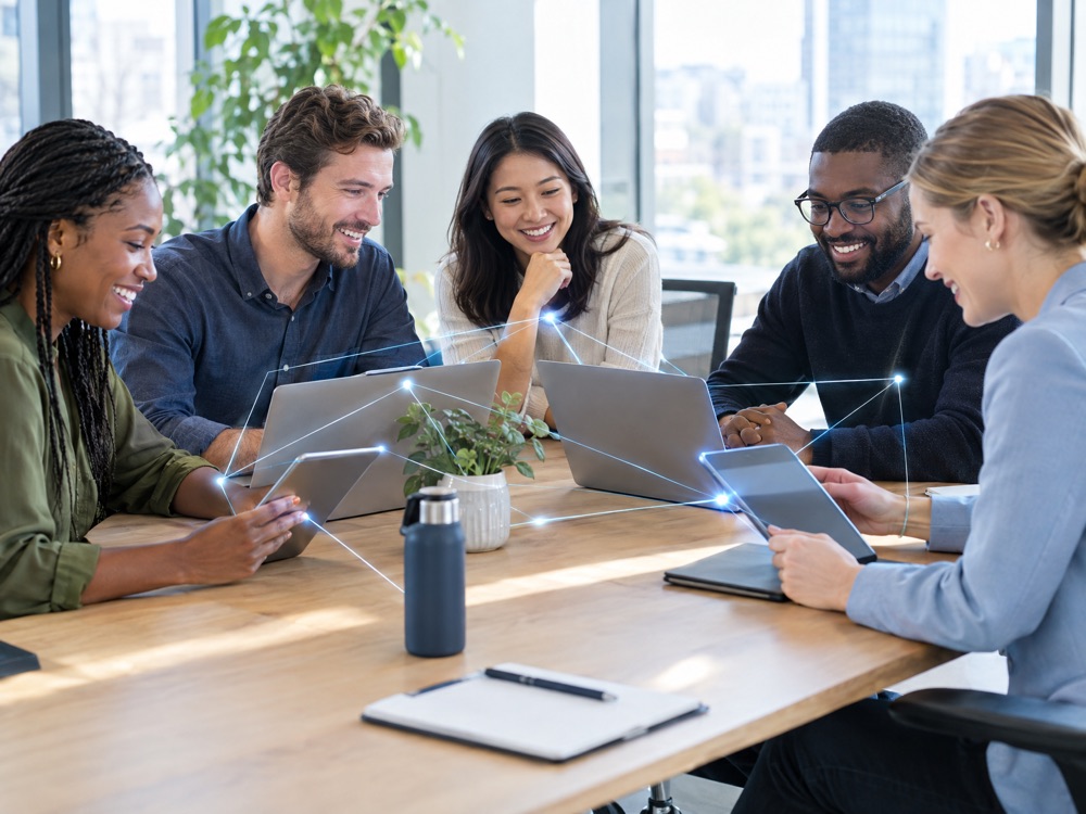 Team collaborating around a table with connected devices