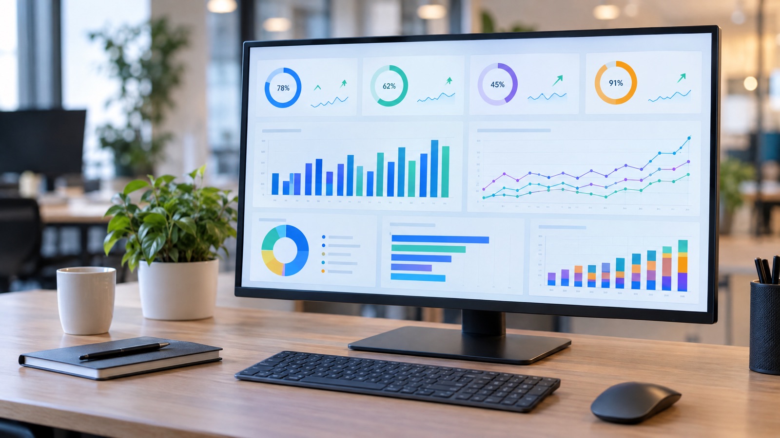 Marketing analytics dashboard on a widescreen monitor